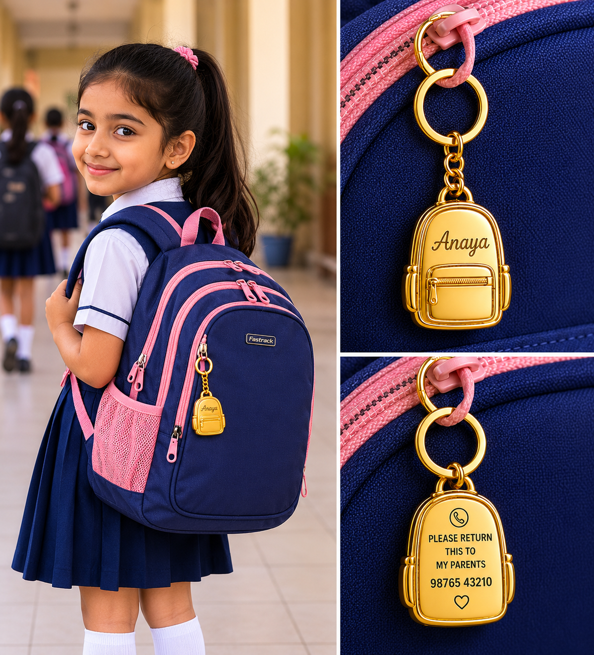Personalised Bag Keychain with Parent's Phone Number